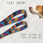 Colorful dog leash with size chart next to a dog on a light gray background