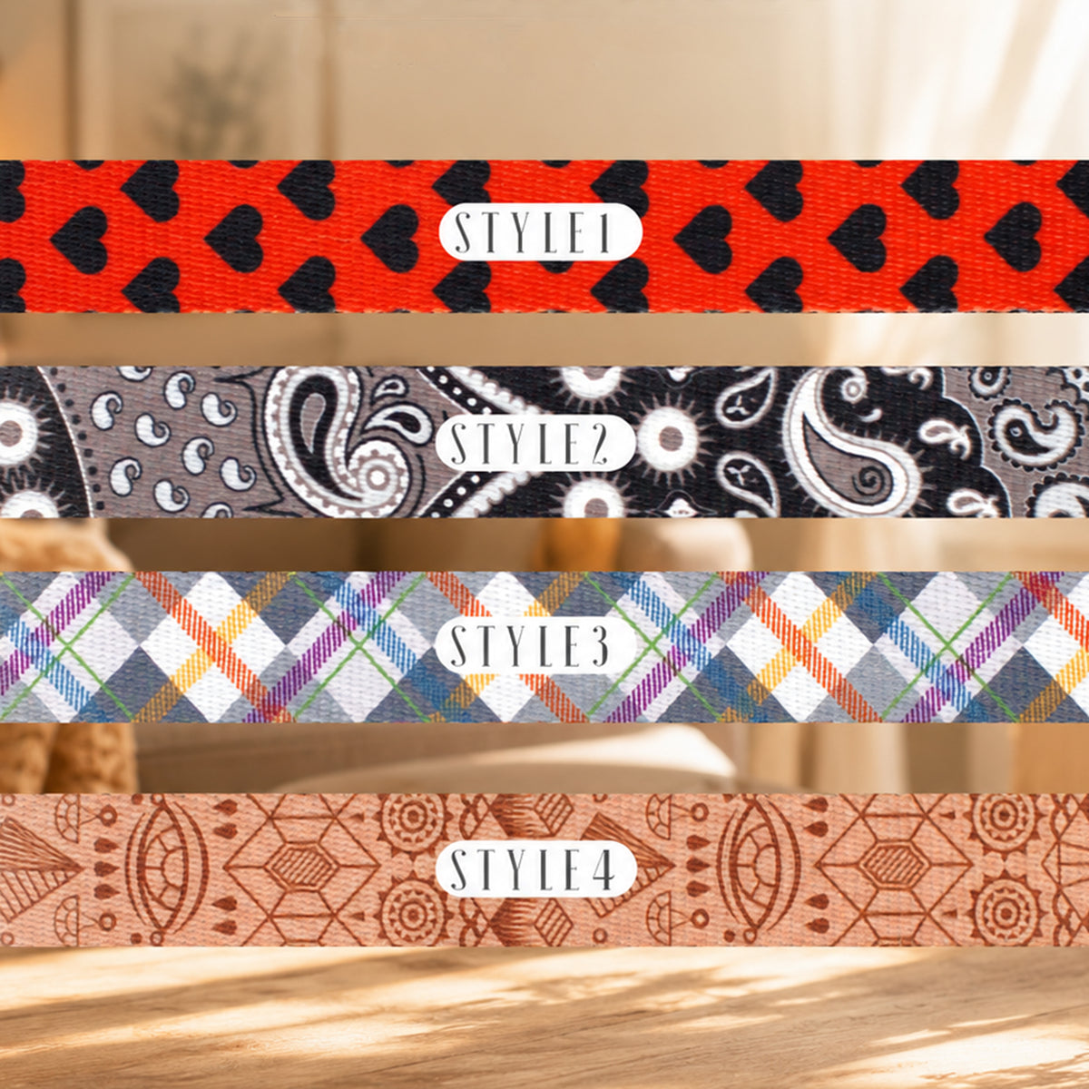 Four colorful hairbands with different patterns on a wooden surface.