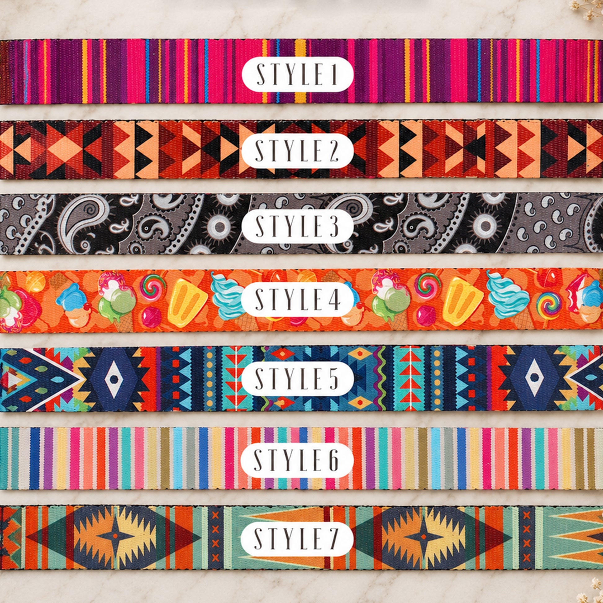 Set of colorful patterned bands labeled 'Style 1' to 'Style 7' on a light background.