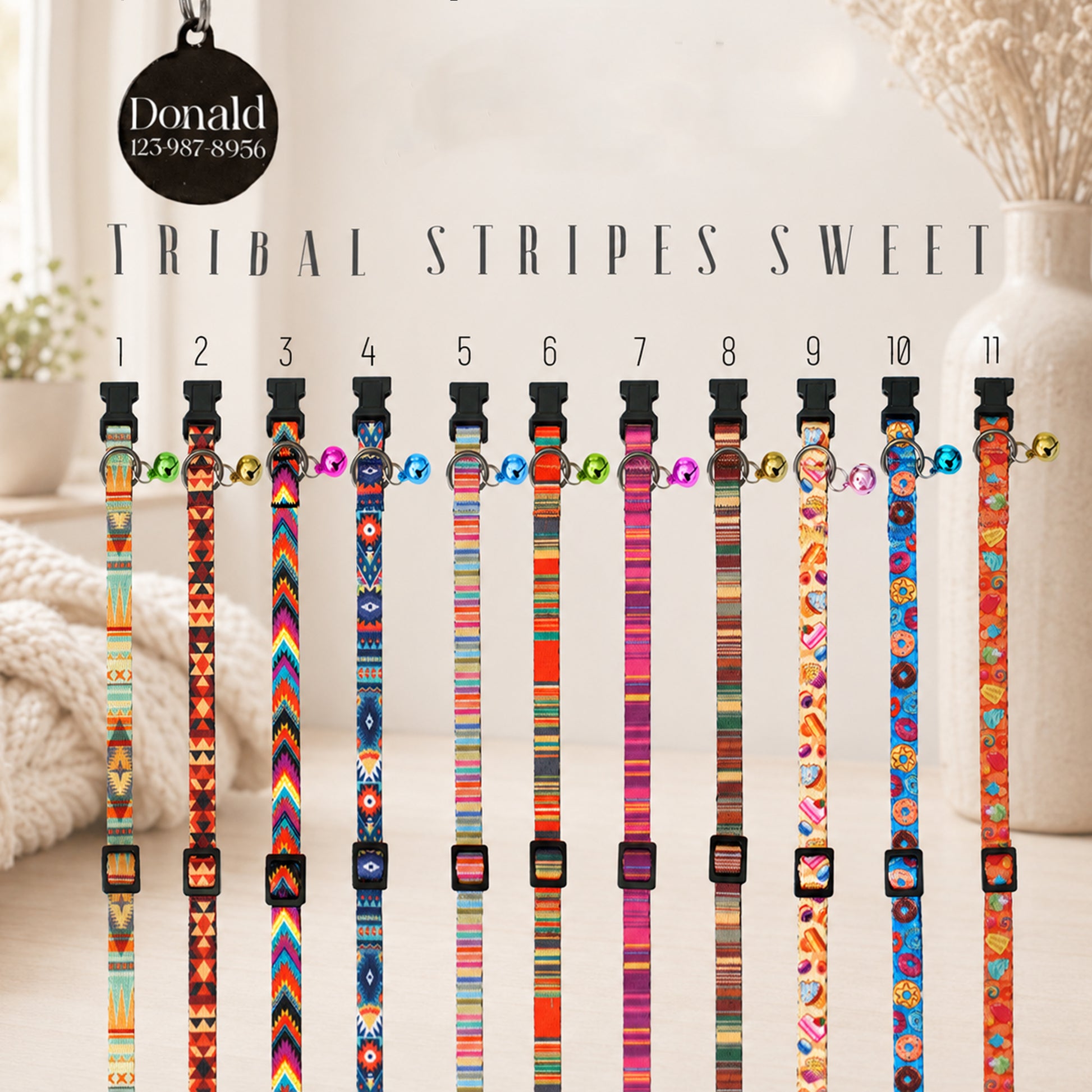 Collection of colorful tribal stripe pet collars with decorative elements on a white background.