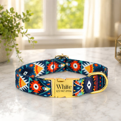 Colorful dog collar with a gold tag on a marble surface