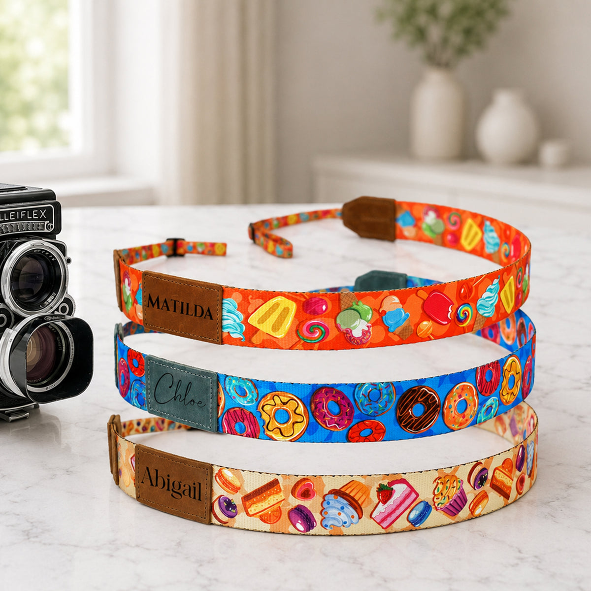 Personalized camera strap – pattern variant #1 close-up