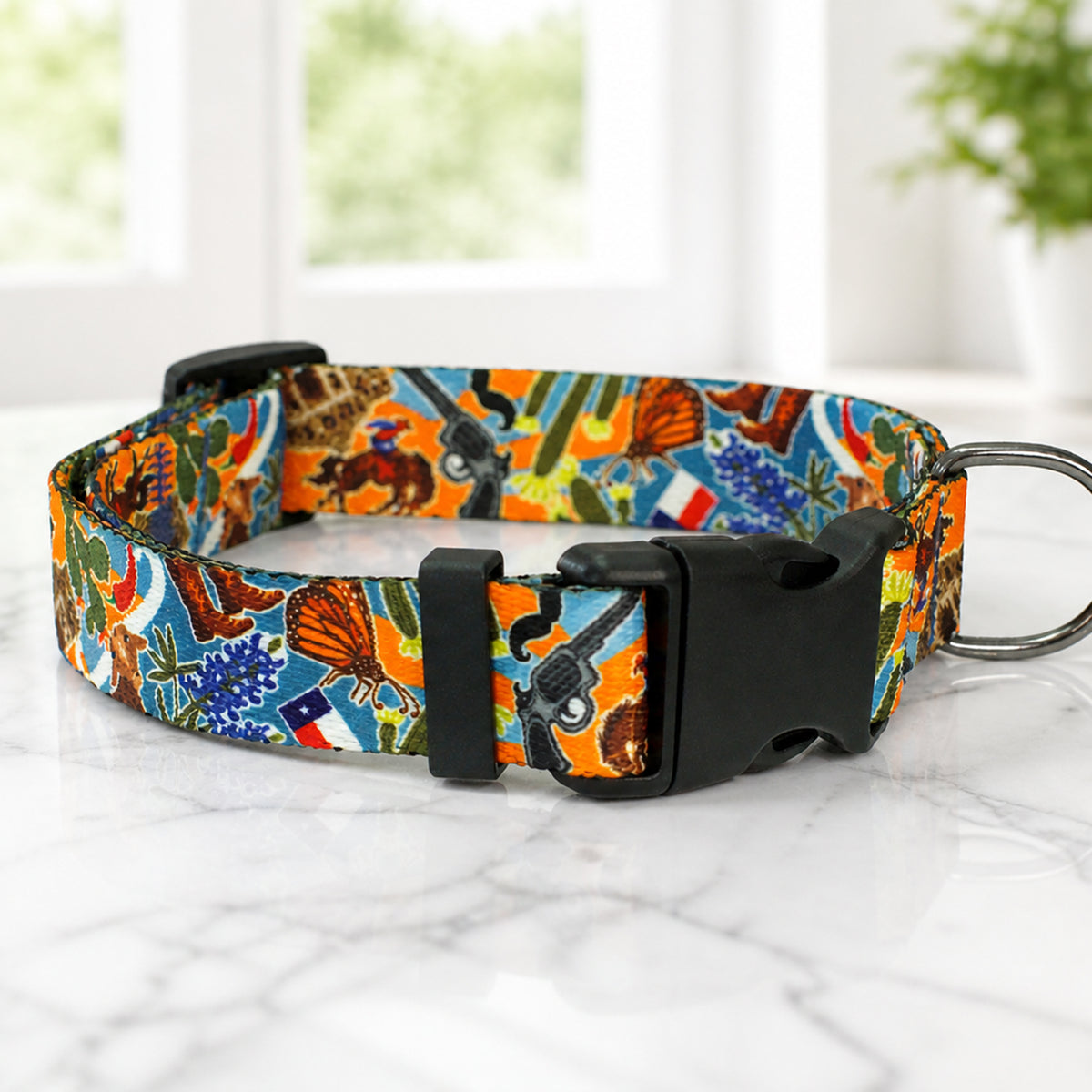 Personalized dog collar with travel print – side view on marble surface