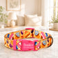Colorful dog collar with cupcake pattern and 'Buster' engraved on a light background