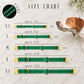Dog collar size chart with a dog on a marble background