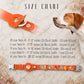 Dog collar size chart with a dog and floral elements on a light background