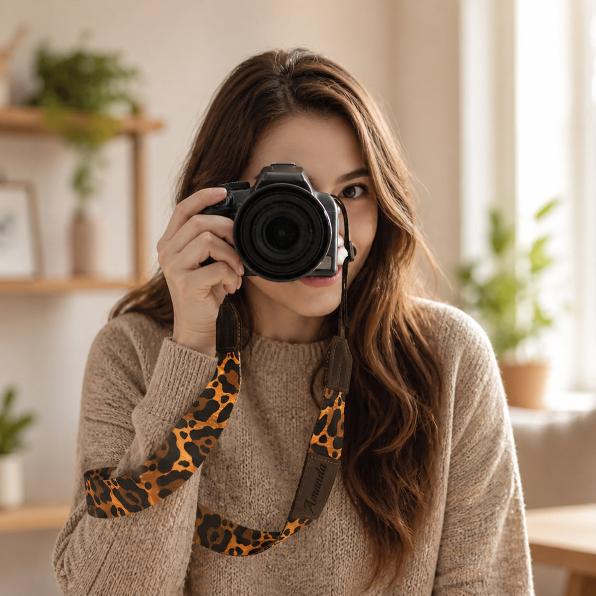 Woman holding a camera with a leopard print strap in a cozy indoor setting
