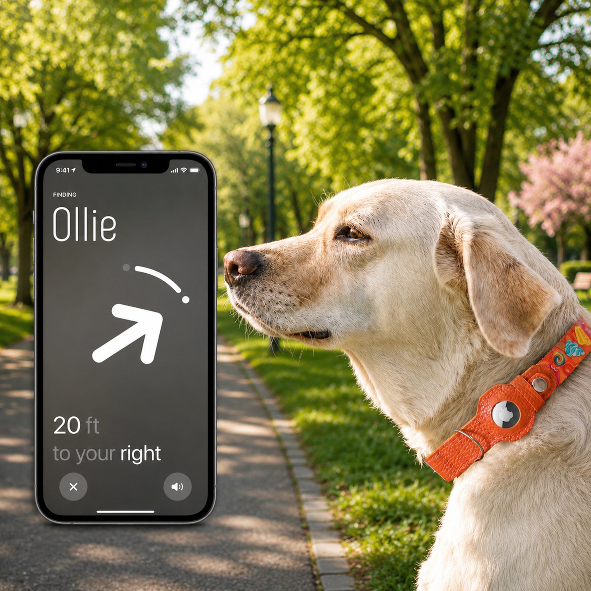 Dog with a smartphone displaying a pet tracking app in a park