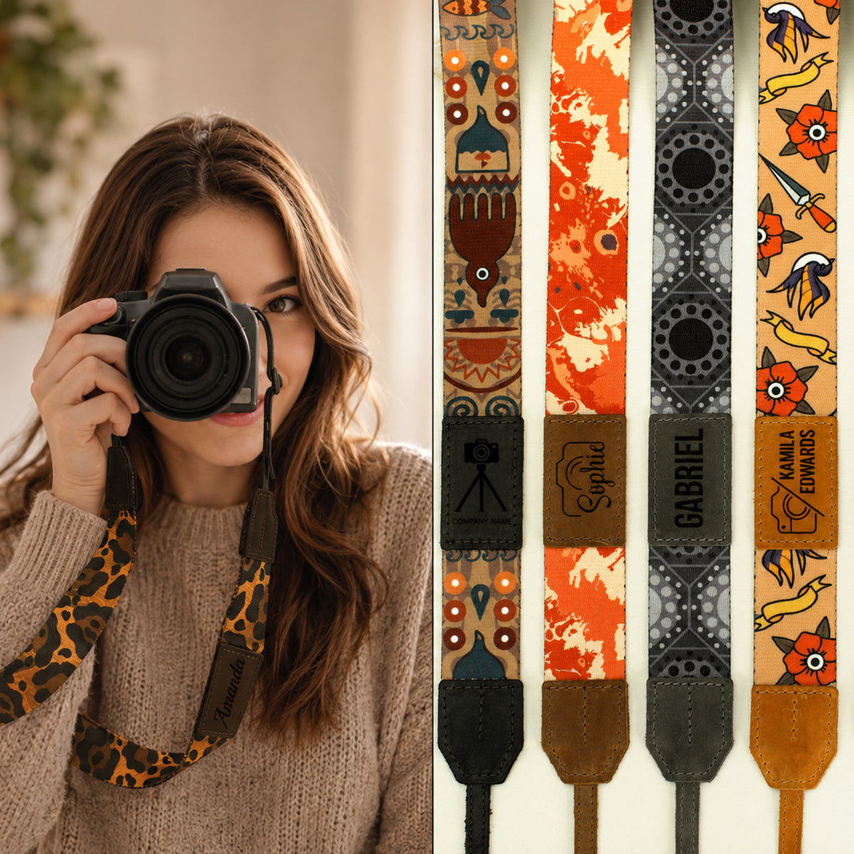 Woman holding a camera with a colorful strap featuring various patterns and brand names.