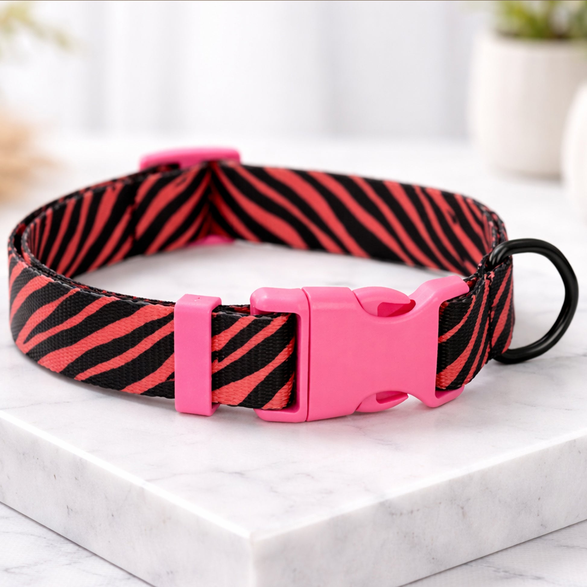 Animal print dog collar with name plate – front view on marble surface