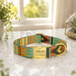 Colorful dog collar with 'Milky I'm chipped' tag on a marble surface