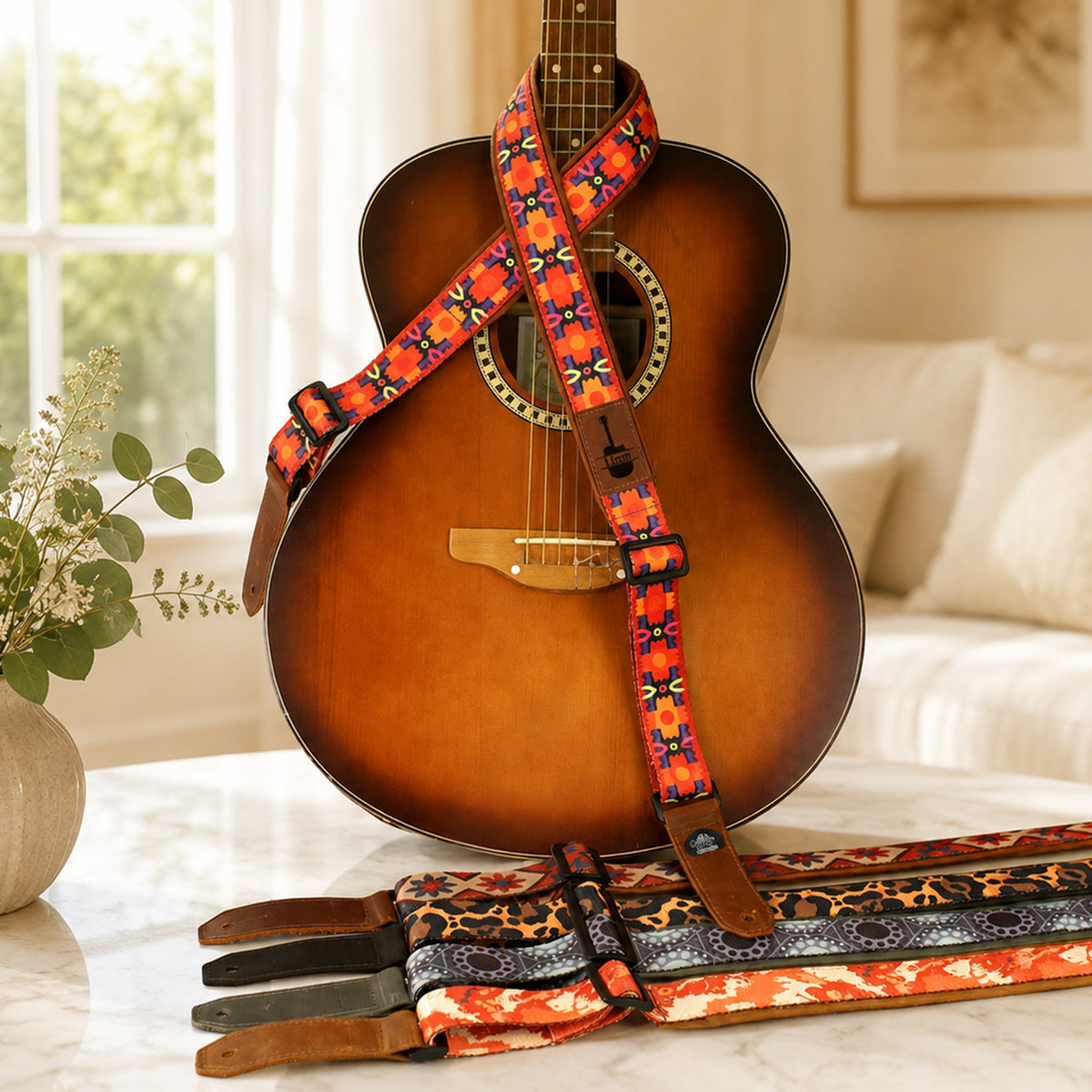 Acoustic guitar with a colorful strap on a light surface, with a window and plant in the background.