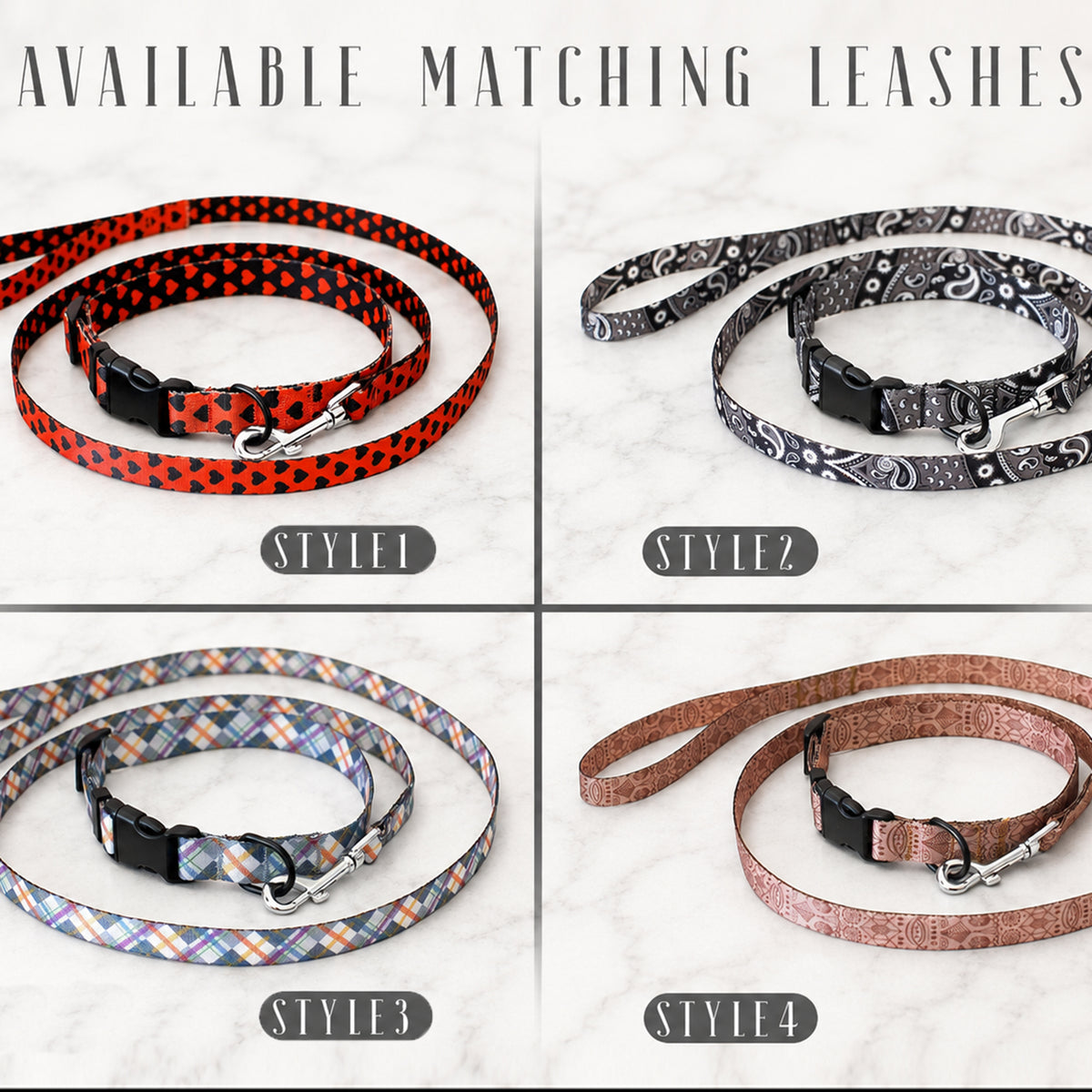 Four matching dog leashes with different patterns on a light gray background.