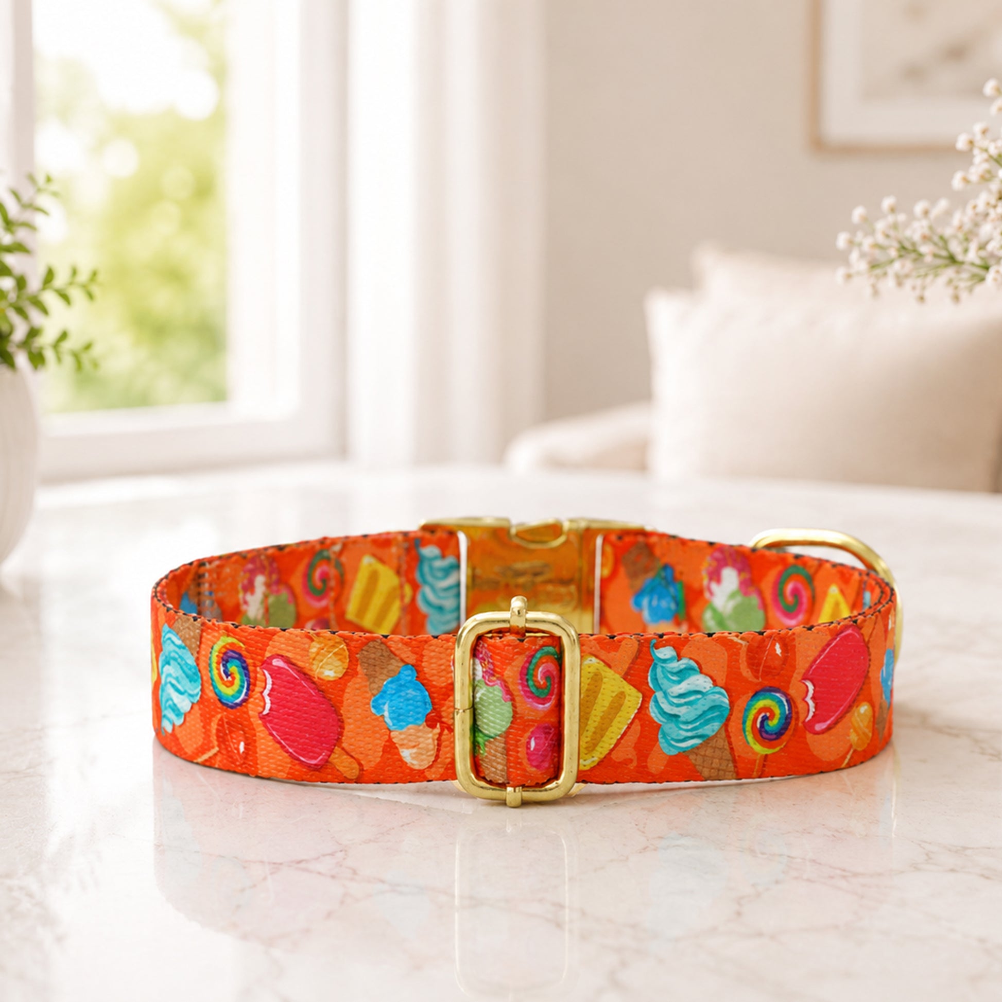 Personalized Sweet Treats dog collar – yummy pattern and engraved safety buckle detail