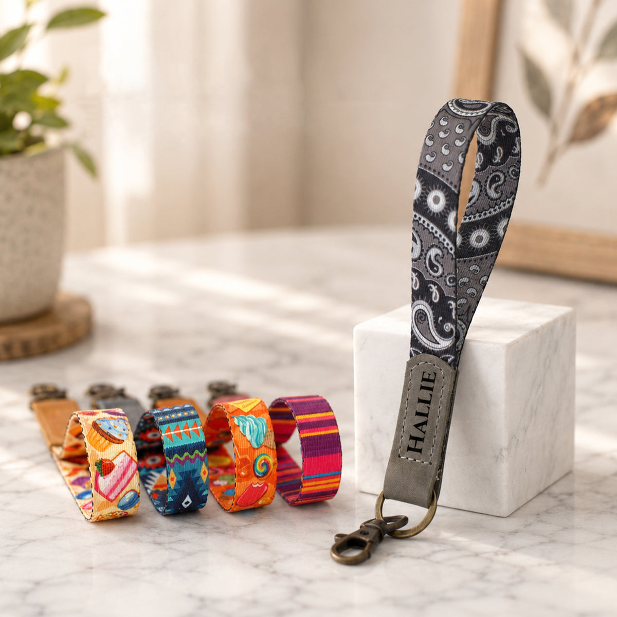 Personalized wristlet keychain with heavy-duty swivel clasp – side view