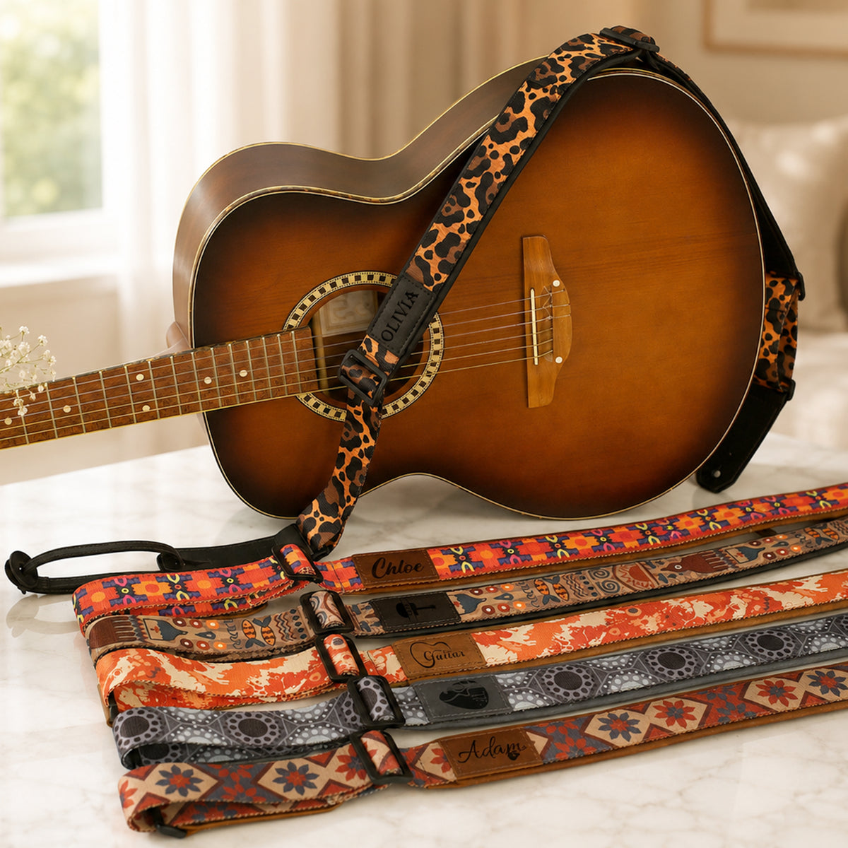 Acoustic guitar with a patterned strap on a marble surface