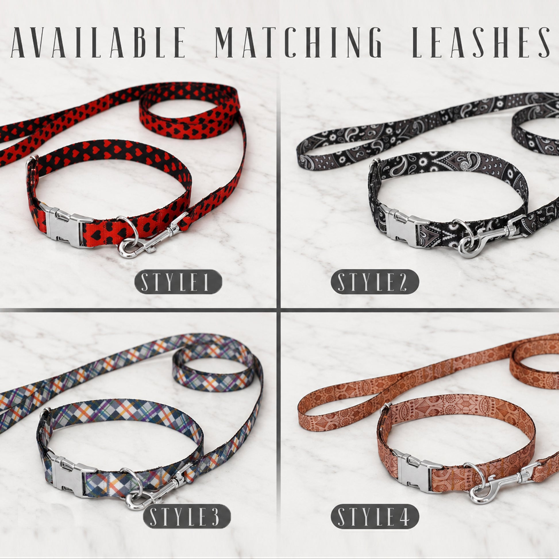 Four different styles of matching dog collars and leashes on a light background.