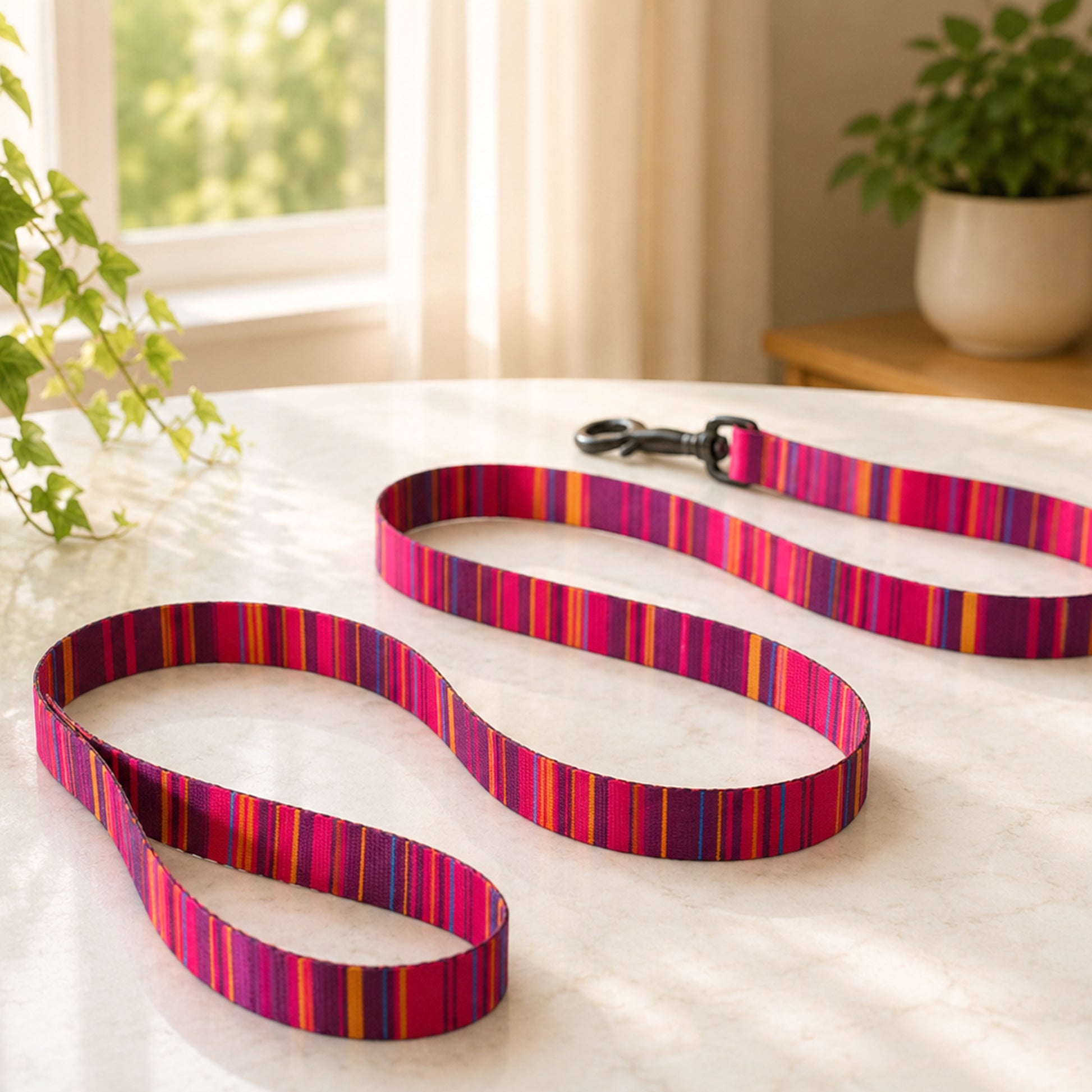 Nature's Palette dog leash – engraved clip and nylon strap detail