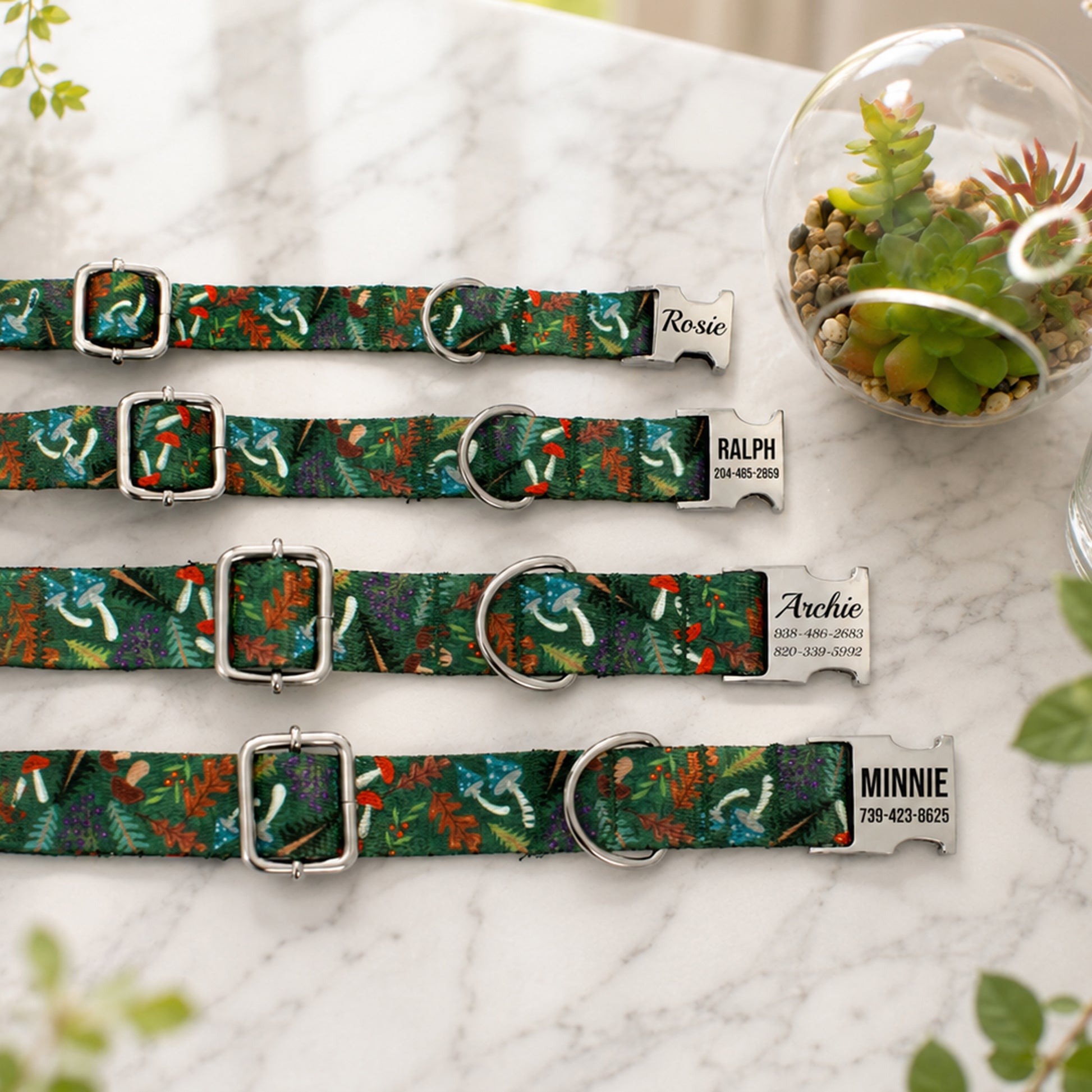 Four green floral-patterned dog collars with engraved names on a marble surface.