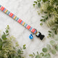 Colorful striped dog collar with a blue bell on a marble surface with greenery.