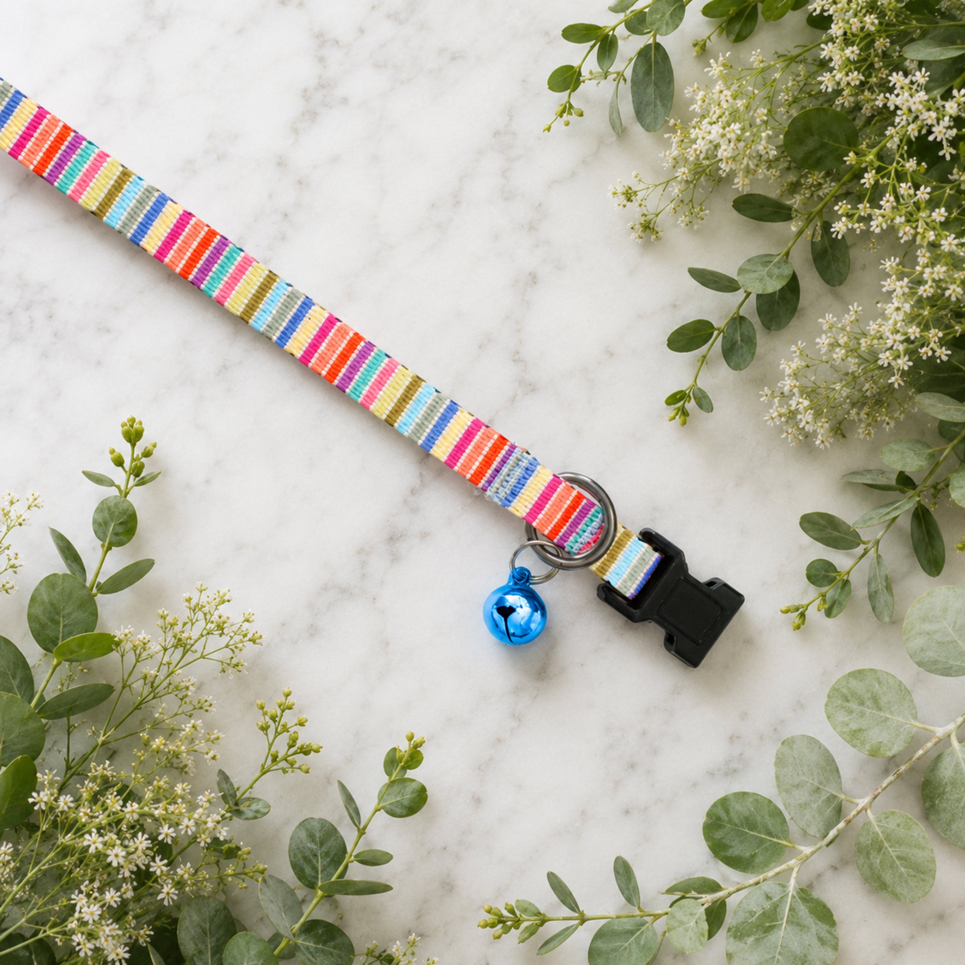 Colorful striped dog collar with a blue bell on a marble surface with greenery.
