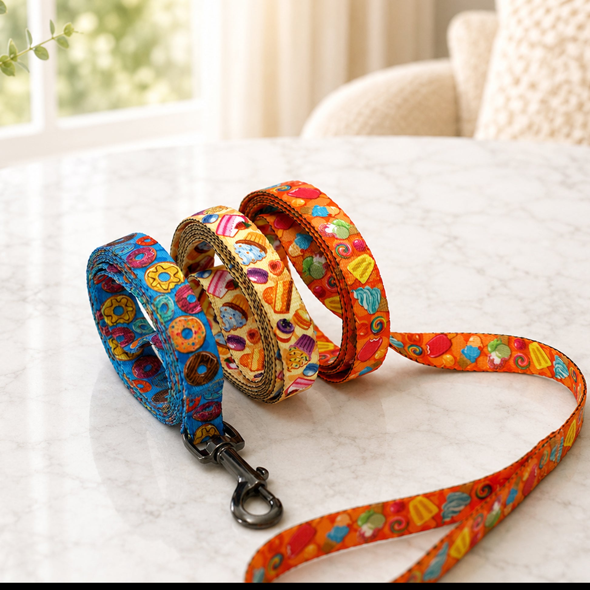 Colorful dog leash and collar set on a white surface with a blurred background