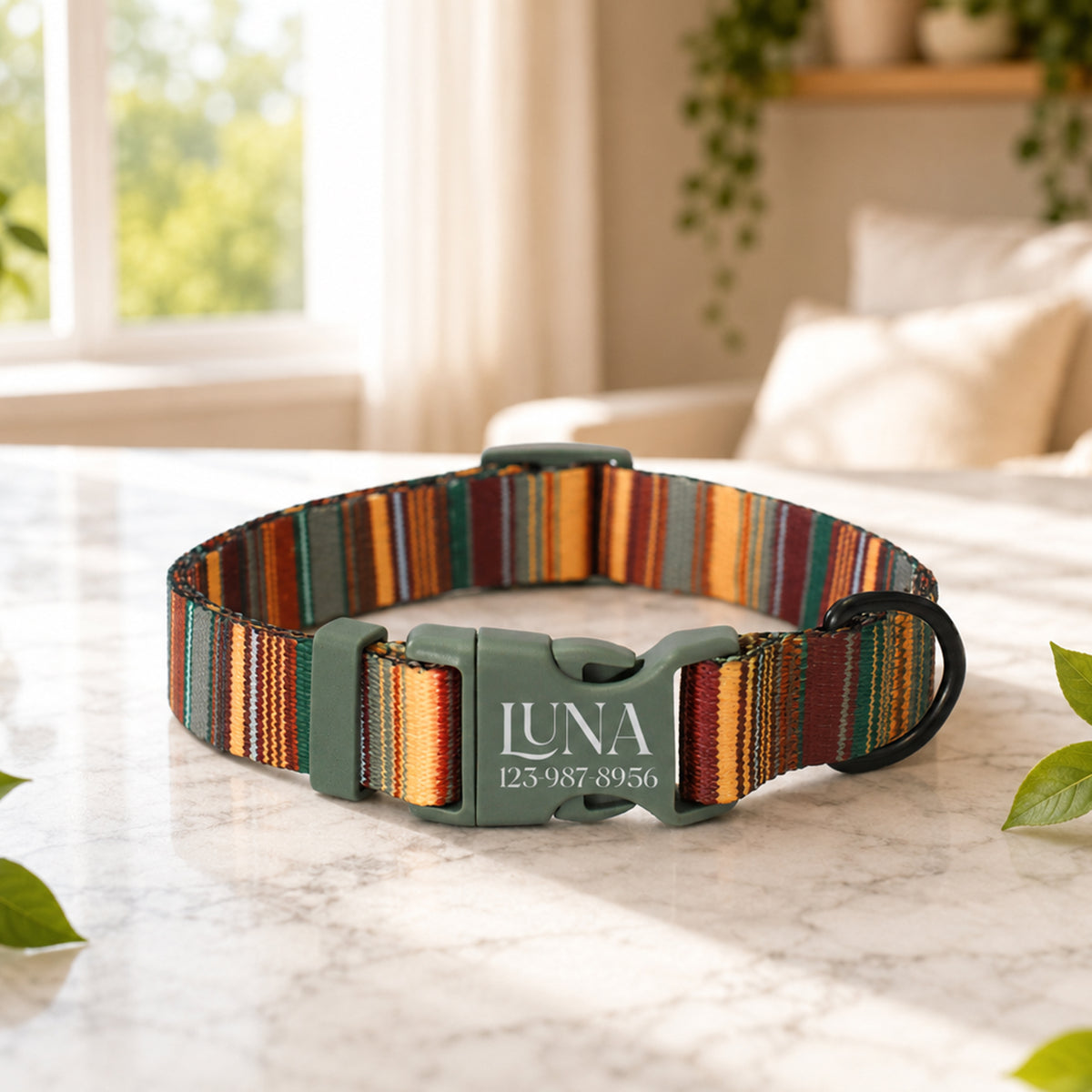 Nature's Palette dog collar – engraved safety buckle close-up