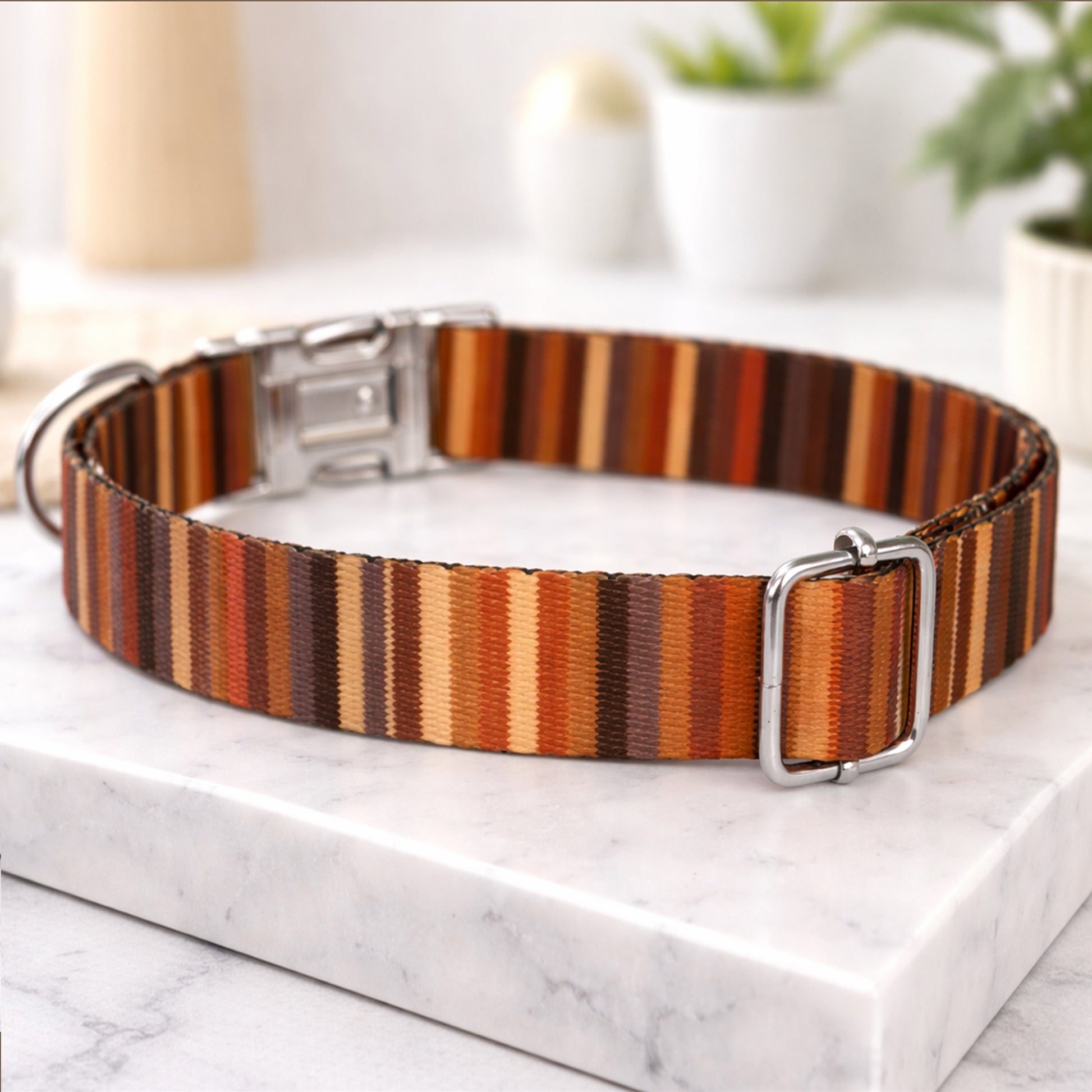 Personalized dog collar with retro stripe pattern – engraving close-up