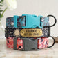 Two floral-patterned dog collars with nameplates on a light background
