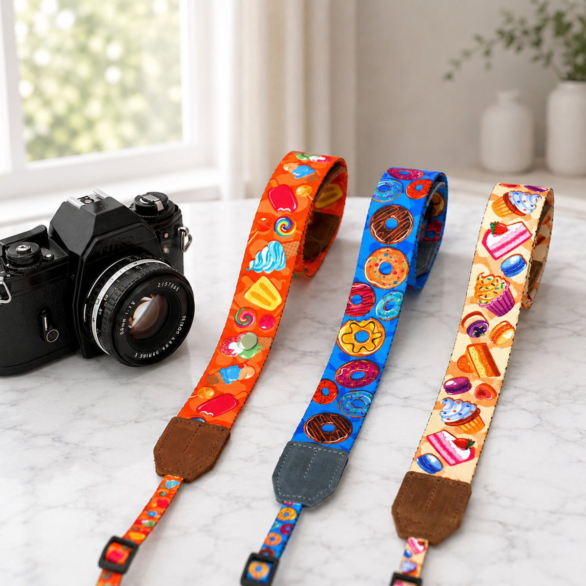 Personalized Sweet Treats camera strap – playful pattern, main product photo