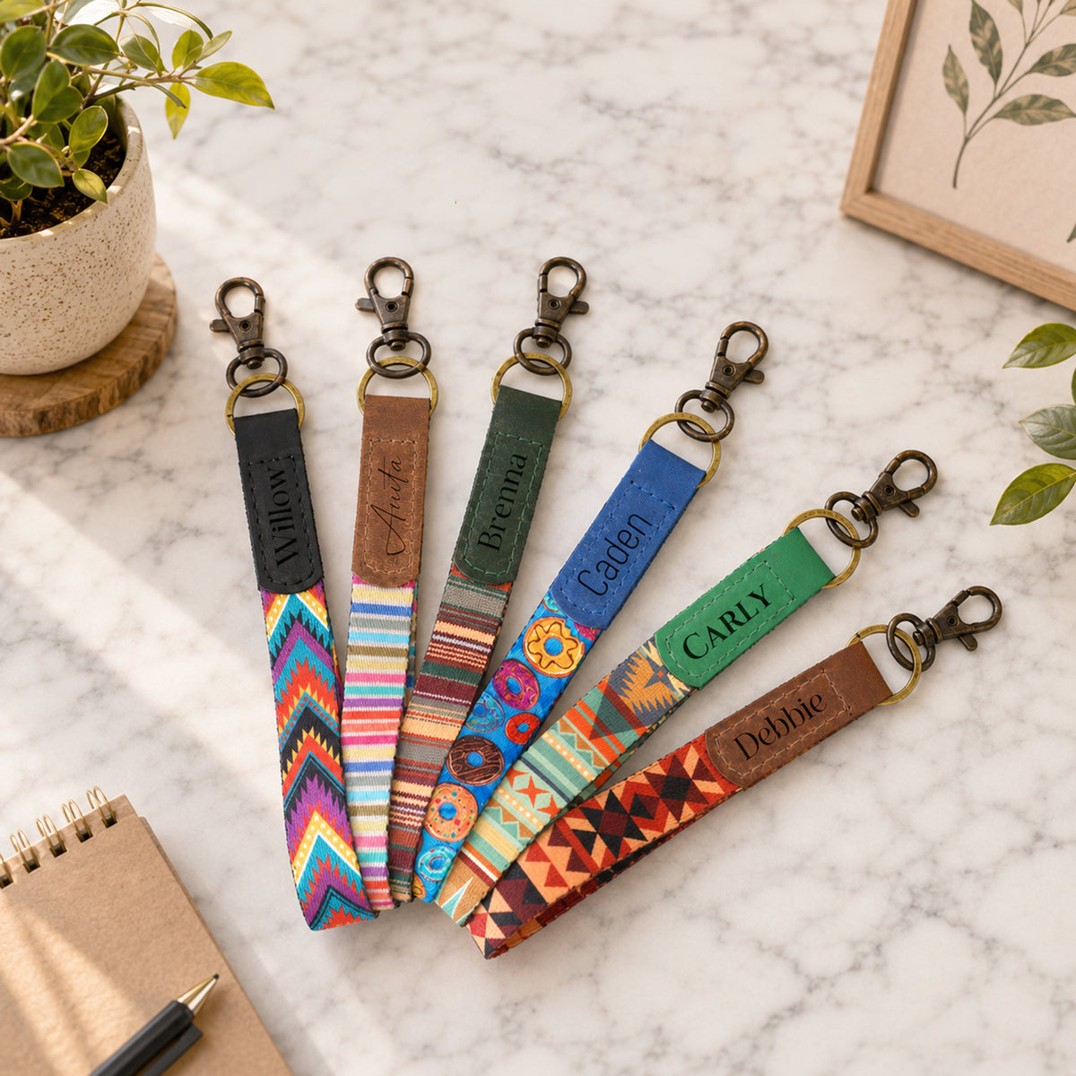 Personalized wristlet keychain with heavy-duty swivel clasp – side view