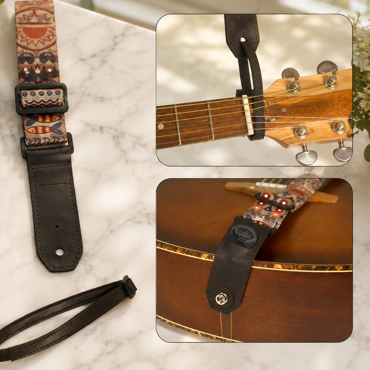 Guitar strap with decorative patterns on a marble surface
