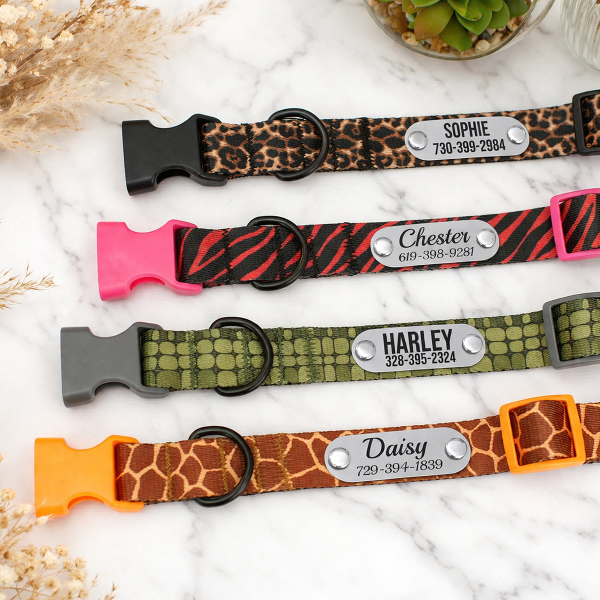 Personalized dog collar with animal print – stitching and hardware detail