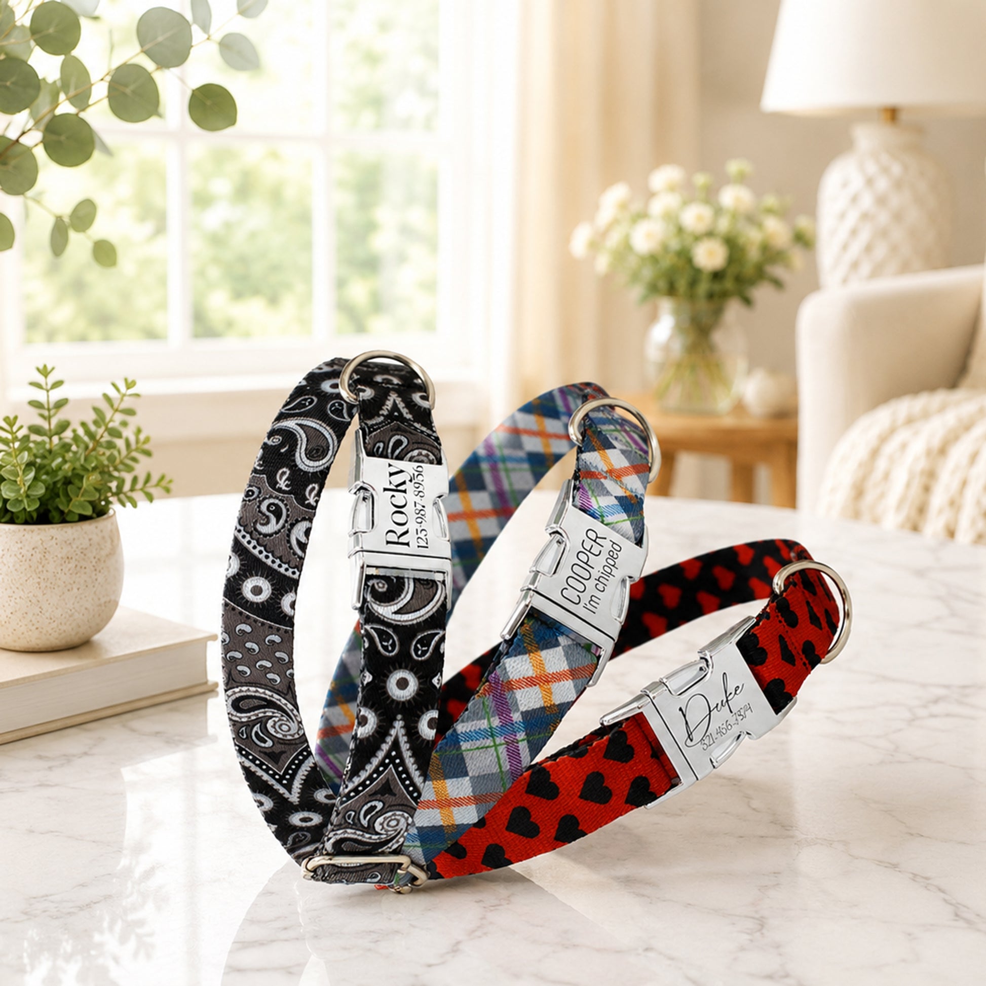 Three dog collars with different patterns on a marble surface.