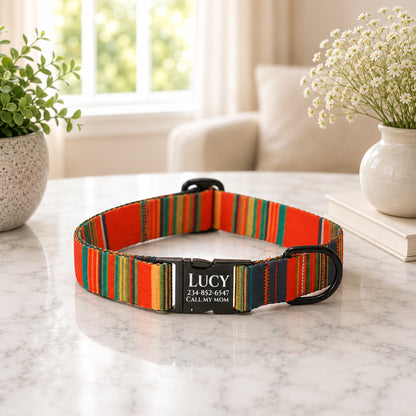 Colorful striped dog collar with a nameplate on a marble surface