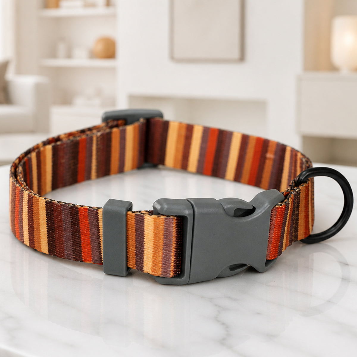 Personalized striped dog collar – stitching and hardware detail