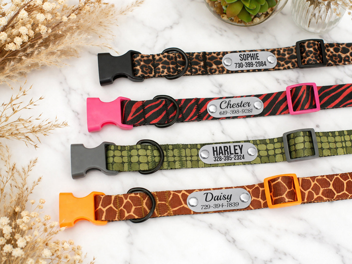 Animal Print Dog Collar with Personalized ID Name Plate