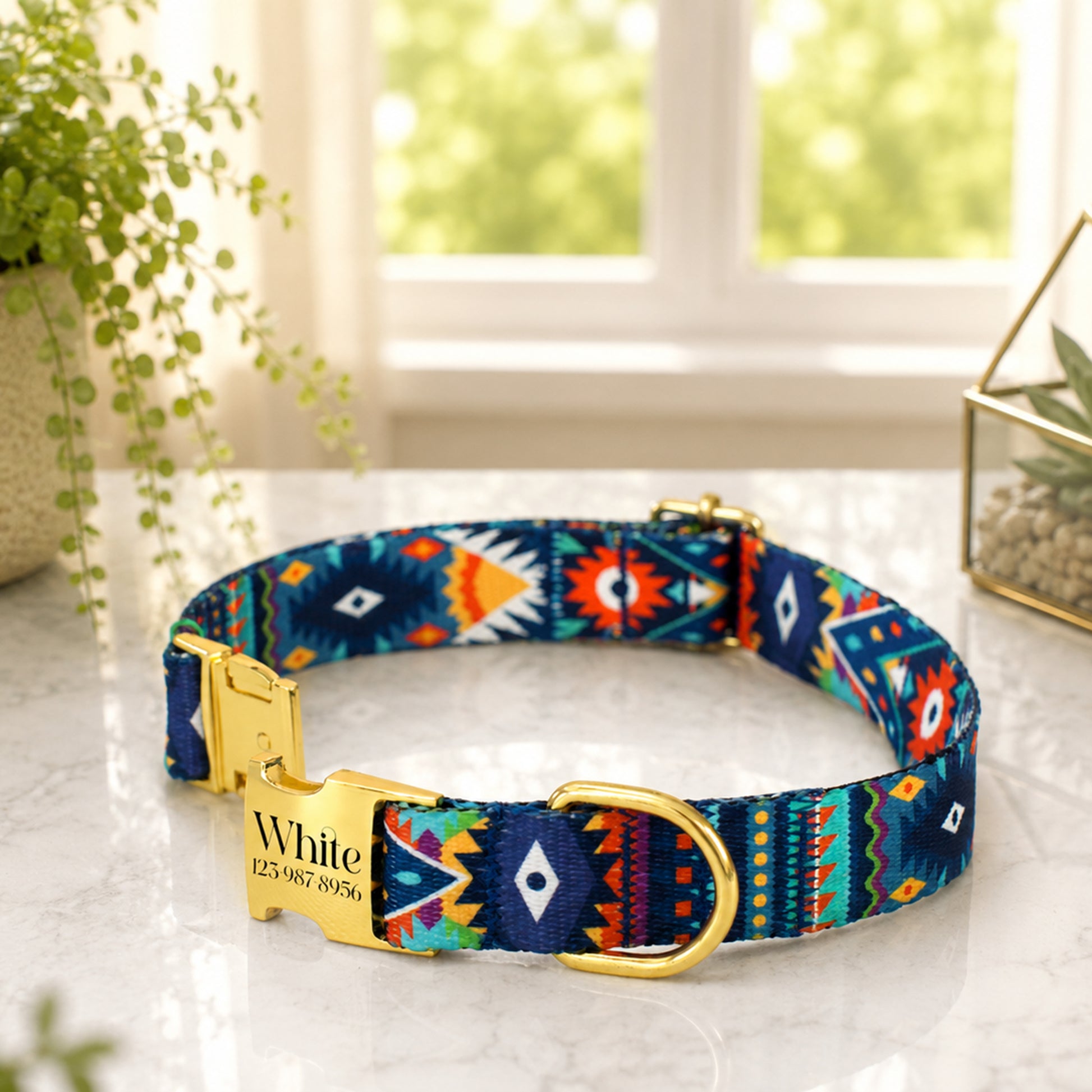 Colorful patterned dog collar with a gold tag on a light surface.