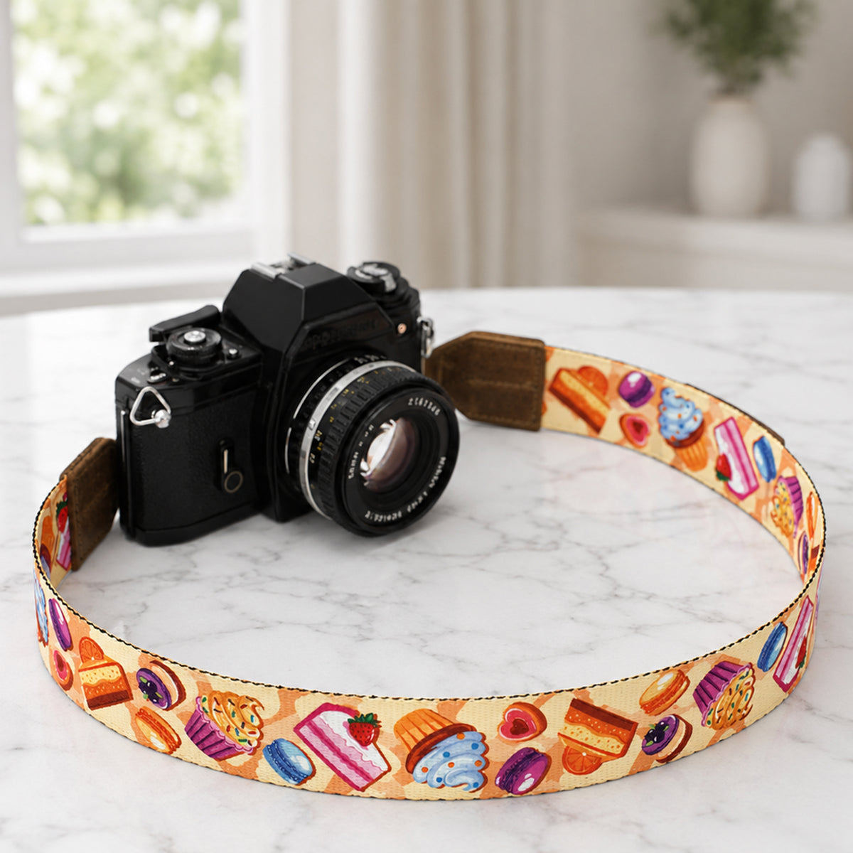 Camera with a colorful candy-themed strap on a marble surface