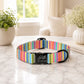 Colorful striped dog collar with a black buckle on a marble surface, with a blurred indoor background.