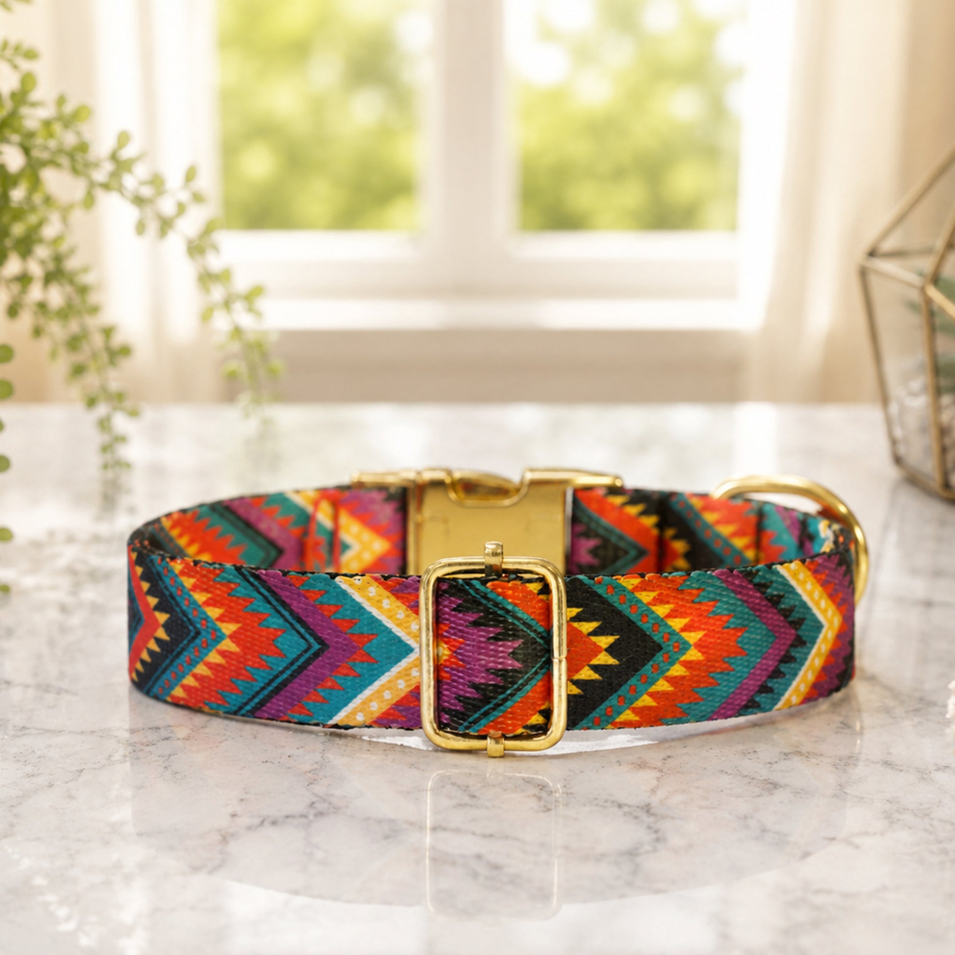 Colorful dog collar with gold buckle on a marble surface