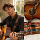 Man playing an acoustic guitar with a colorful strap, next to a close-up of the guitar and strap.