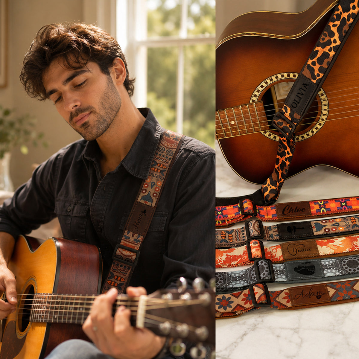 Man playing an acoustic guitar with a colorful strap, next to a close-up of the guitar and strap.