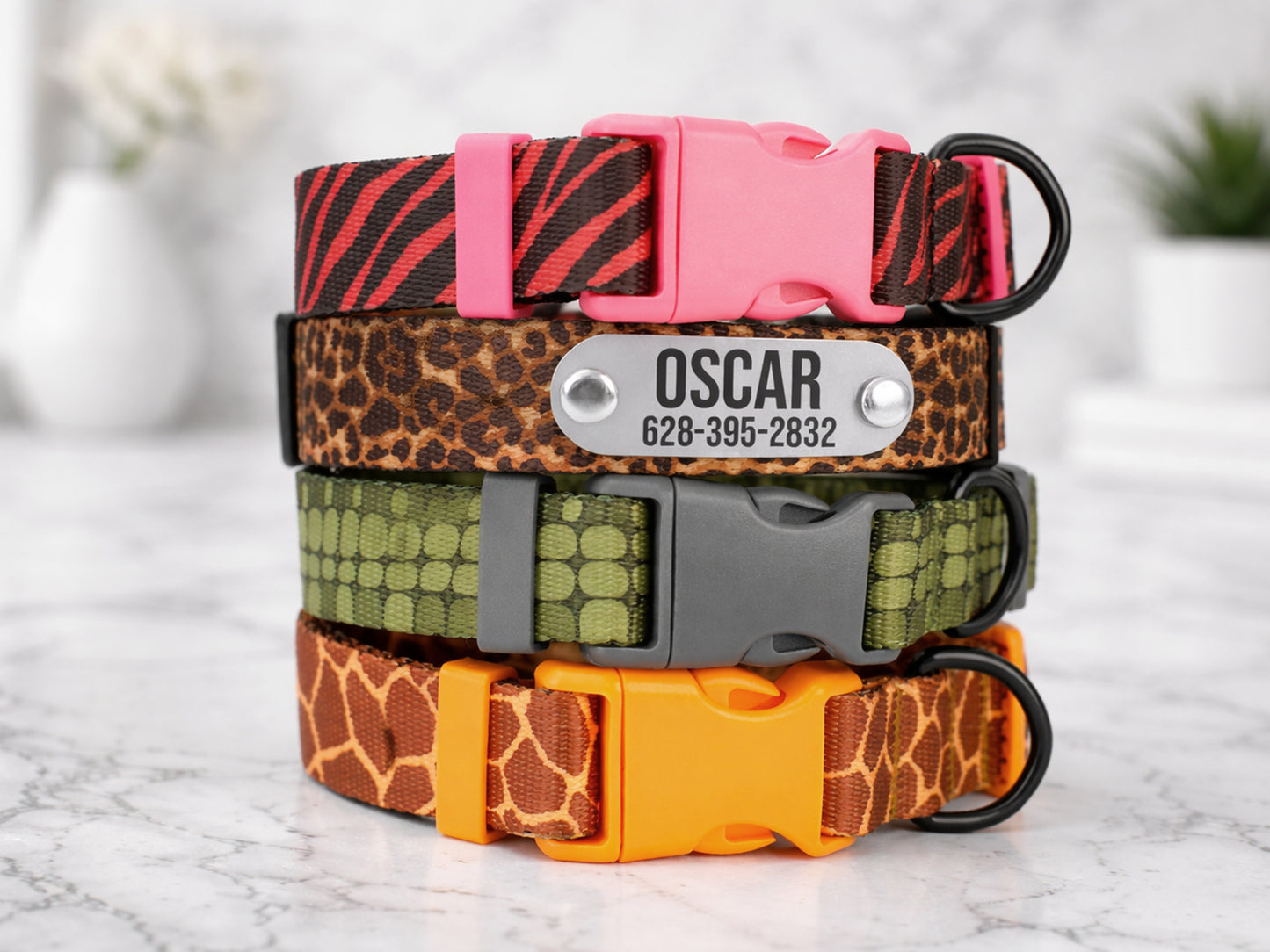 Animal Print Dog Collar with Personalized ID Name Plate