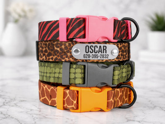Animal Print Dog Collar with Personalized ID Name Plate