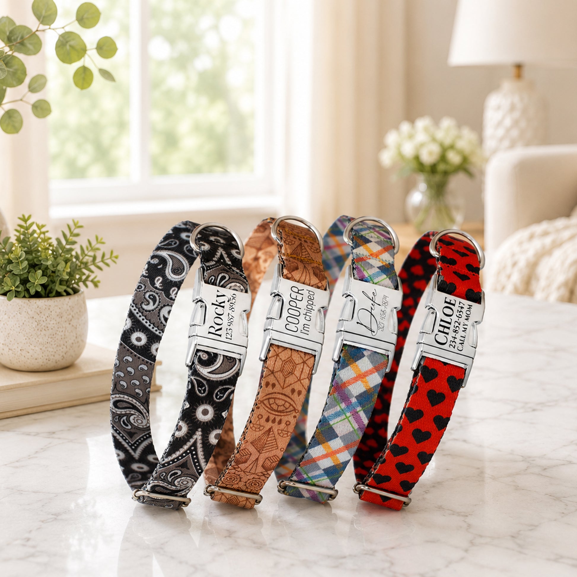 Five dog collars with different patterns and colors on a marble surface.