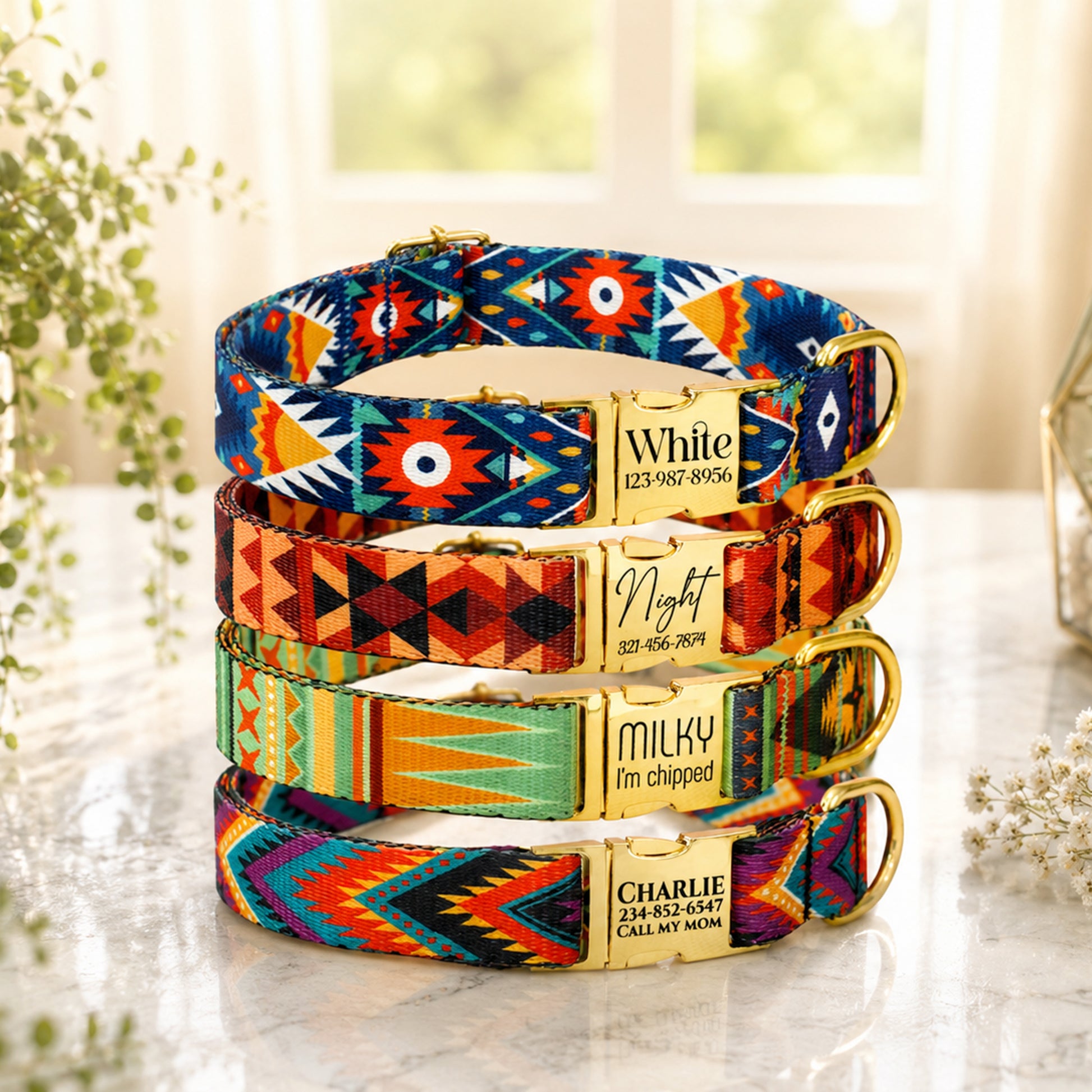 Stack of colorful dog collars with engraved tags on a light surface.