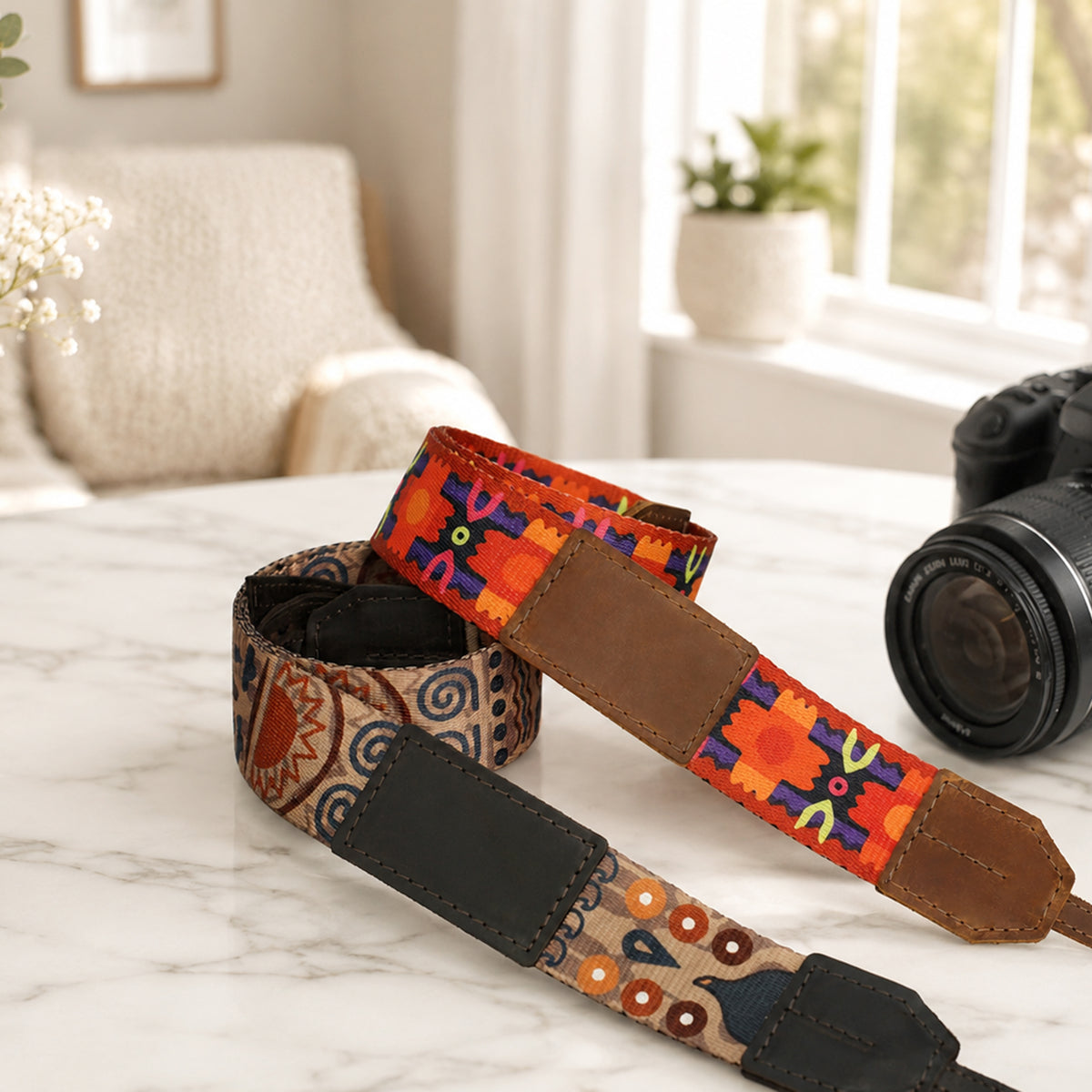 Colorful camera strap with a pattern on a marble surface, with a blurred indoor background.