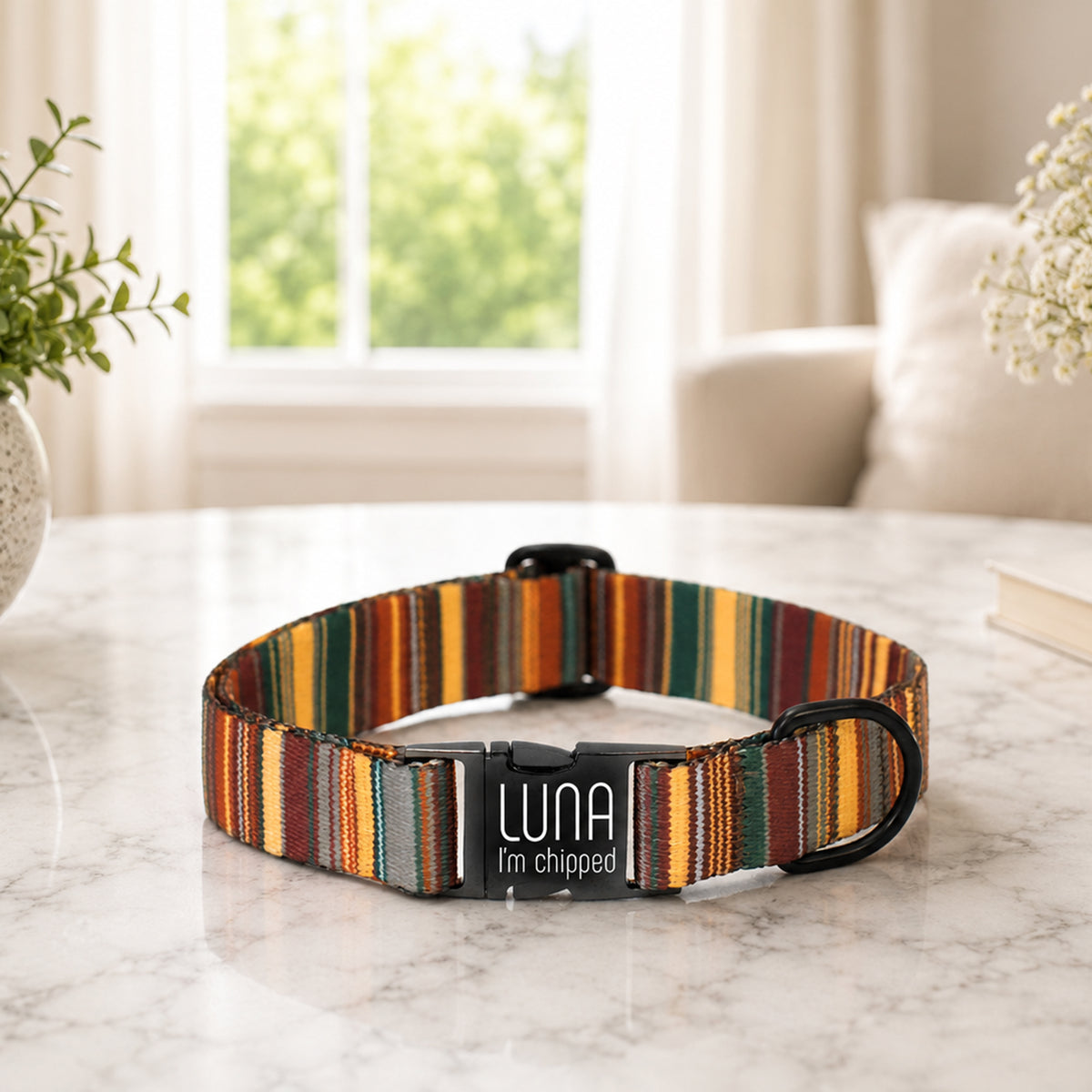 Colorful striped dog collar with a black buckle on a marble surface, blurred indoor background