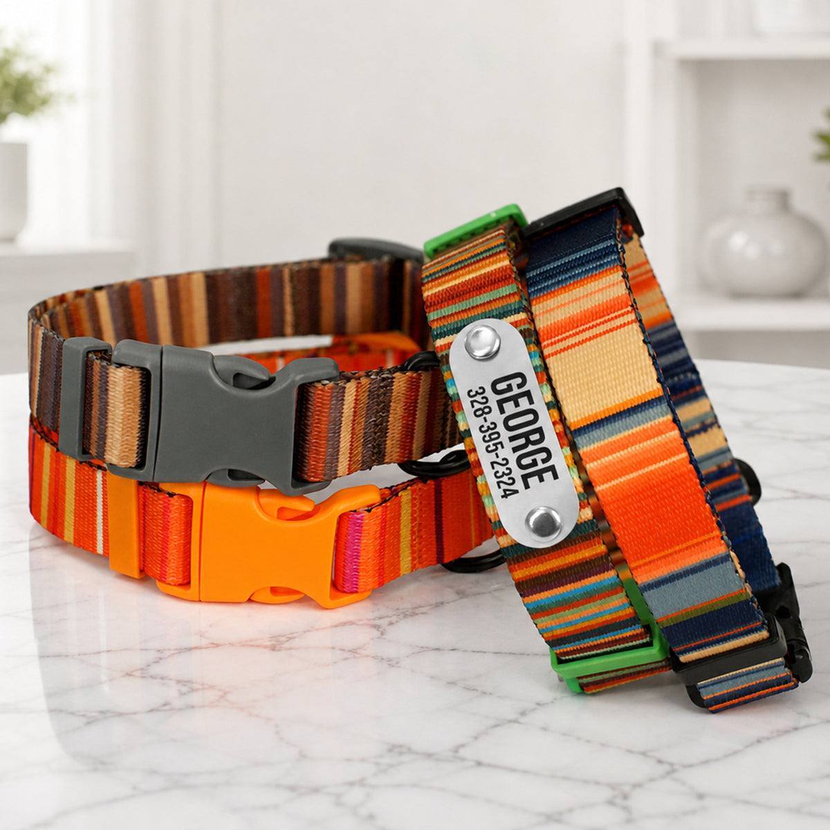 Custom engraved dog collar with retro stripe – buckle detail